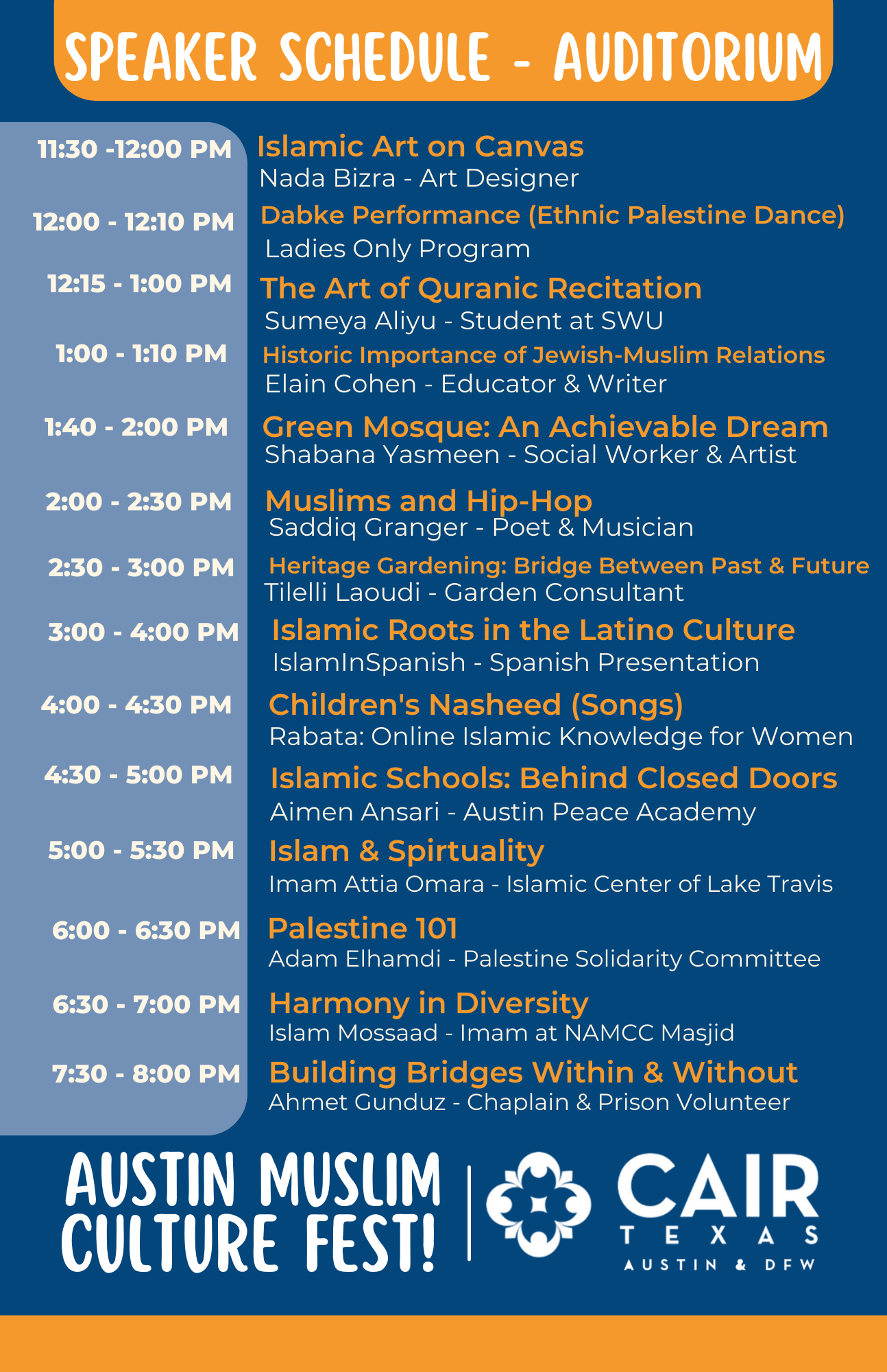 Speaker Schedule for Austin MusliM Culture Fest! Image